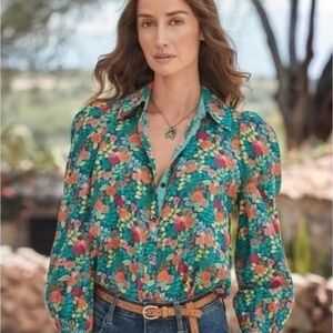 Sundance Rosie Vines Floral Blouse - Teal and Coral Size S